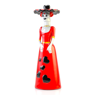 Doña Celia Añejo Tequila 750ml comes in a ceramic figurine of a woman in a long red dress with heart-shaped cutouts, wearing a heart-adorned hat and painted skull face—perfect for Día de los Muertos and evoking notes of caramel tequila.