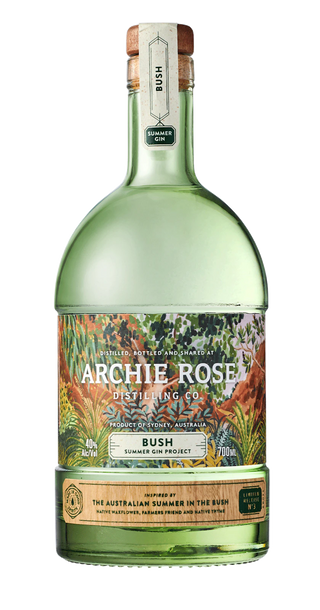 Bottle of Archie Rose Bush Summer Gin on a white background