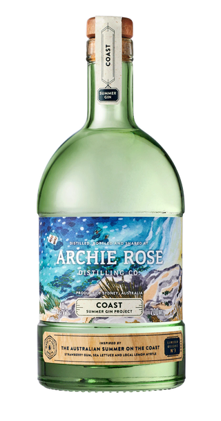 Green bottle of Archie Rose gin with a scenic label on a white background