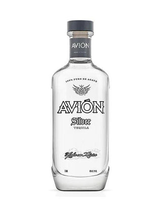 A clear glass bottle of Avion Silver with a silver cap and label, featuring the AVION name and Silver Tequila on the front. Made from agave, the bottle is shown upright against a white background.