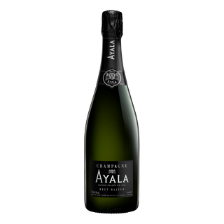 A bottle of Ayala Brut Majeur Champagne NV with a black foil top and label featuring white text stands upright against a plain white background, highlighting its fine bubbles and crisp citrus notes.