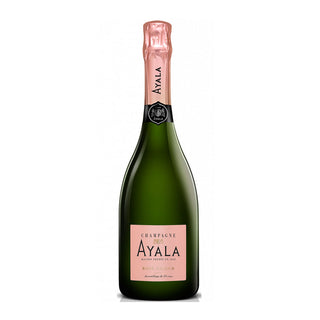 A bottle of Ayala Brut Majeur Rosé NV Champagne, featuring a pink foil neck and pink label on dark green glass, set against a white background—renowned for its red berry aromas and delicate minerality.