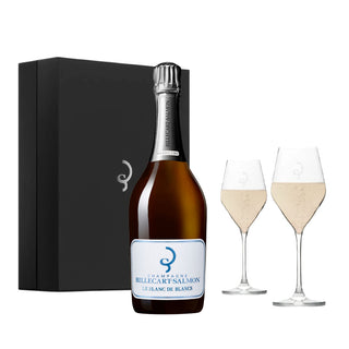 The Billecart-Salmon Le Blanc de Blancs Grand Cru NV + 2 Glasses Gift Set includes two branded citrus-hued glasses and a sleek black gift box—an elegant way to savor the champagne’s signature chalky minerality.