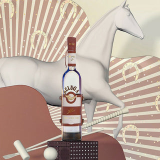 A bottle of Beluga Allure Vodka 700ml is displayed before a white horse statue, surrounded by polo equipment and a backdrop of horseshoes and sunbursts, evoking hints of delicate spice and honeyed sweetness.