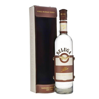 Beluga Allure Vodka 700ml features a brown and beige label with gold accents on both bottle and matching box, showcasing its premium style and offering hints of honeyed sweetness in every sip.