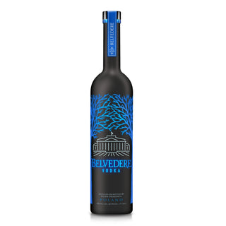Belvedere Vodka Midnight Sabre 1.75L comes in a tall matte black bottle with blue tree branch designs, a blue cap, and a white building illustration. Savor its creamy palate and smooth finish, with product details on the front.