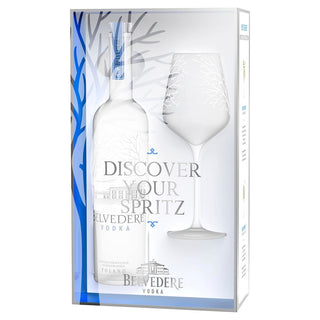 The Belvedere Vodka Spritz Glasspack includes a vodka bottle and wine glass in a white-and-blue box with tree branch accents and “DISCOVER YOUR SPRITZ” on the front, highlighting Belvedere’s smooth finish.