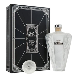 A bottle of Beluga Epicure Vodka 700ml, with its elegant frosted glass and intricate details, is shown beside a black Art Deco-style box and a clear decorative stopper.