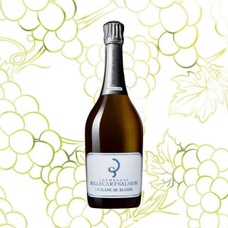 The Billecart-Salmon Le Blanc de Blancs Grand Cru NV + 2 Glasses Gift Set is displayed against a white background with a light green grapevine design, highlighting its citrus notes and distinctive chalky minerality.