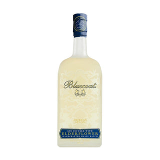 Bluecoat American Elderflower Gin 750ml features a floral profile, blue cap, and golden script on frosted glass. The handcrafted, small batch elderflower gin is highlighted on the label.
