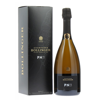 A bottle of Bollinger PN TX17 Champagne stands beside its elegant black and gold gift box, both featuring the brand’s details—a stylish pairing that promises fine bubbles and a refined finish.