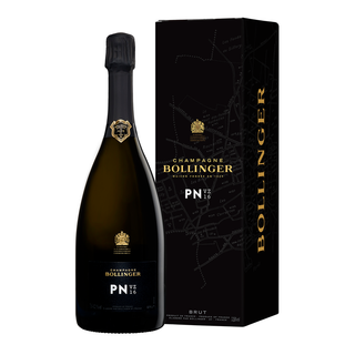 A bottle of Bollinger PN VZ 16 Brut NV with a black and gold label stands beside its matching box, featuring gold text and a subtle map design—an elegant champagne celebrated for its fine bubbles and notes of toasted brioche.