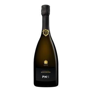 A dark glass bottle of Bollinger PN AYC 18 Champagne, made mostly from Pinot Noir, displays a gold emblem near the neck and a black label. Its foil top hints at elegant flavors of red apple and toasted brioche.