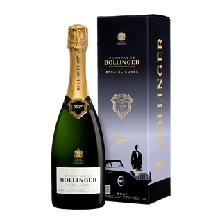 A bottle of Bollinger Special Cuvée 007 Limited Edition Brut NV rests next to its stylish box, adorned with the Bollinger logo, gold 007 detailing, and a classic car—ideal for fans of refined orchard fruit notes and elegance.