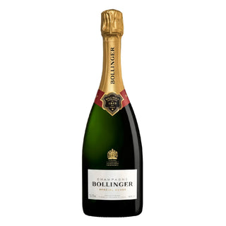A 750ml bottle of Bollinger Special Cuvée Brut NV, featuring a gold foil neck and black label with crest—celebrated for its rich, full-bodied style and toasted almond notes. Pack available in 6 bottles.