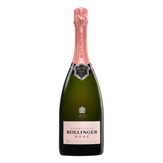 A 1.5L bottle of Bollinger Rosé NV Champagne featuring a pink foil top and green glass, with a white label reading "Bollinger Rosé," renowned for its subtle toasted almond notes.