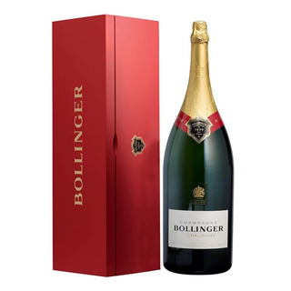 A 6L bottle of Bollinger Special Cuvée Brut NV with gold foil sits beside a striking red gift box with gold Bollinger lettering—ideal for fans of its full-bodied style and delicate brioche notes.