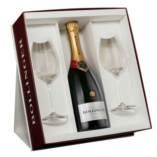 The Bollinger Special Cuvée Brut NV + 2 Elizabeth Glasses Gift Set features a bottle of Bollinger with two elegant branded glasses, all presented in a stylish white and maroon display case.
