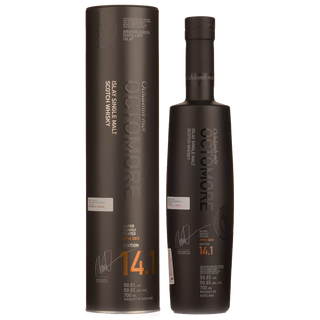 A matte black bottle of Octomore Edition 14.1 Single Malt Scotch Whisky stands beside its matching black cylindrical case, both with silver and orange text reflecting this edition’s bold peat and toasted oak notes.