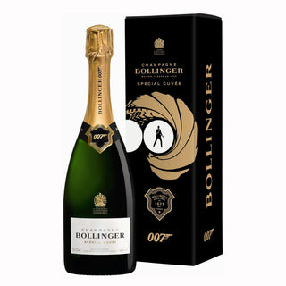 The Bollinger Special Cuvée Brut NV James Bond 007 Limited Edition features a gold-foiled bottle with full-bodied, creamy champagne beside a black gift box adorned with 007 branding, gun barrel design, and gold-accented Bollinger logos.