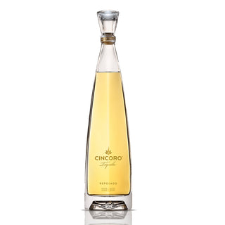 A tall, elegant bottle of Cincoro Reposado Tequila 750ml features light golden tequila inside, a gold label, and a clear angular stopper. Toasted oak and caramelized agave notes stand out against the white background.