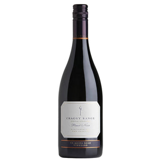 A bottle of Craggy Range Pinot Noir red wine from their Temeka Road Vineyard, featuring a dark glass bottle with a white label and a black screw cap, set against a plain white background.