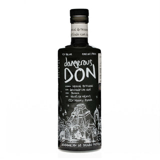 A black 700ml bottle of Dangerous Don Cafe Mezcal from Oaxaca, Mexico, features white hand-drawn agave and mountain illustrations. This artisanal mezcal is distilled with roasted coffee, highlighting smoky agave notes on the label.