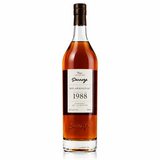 Bottle of 1988 Darras Bas-Armagnac on a white background