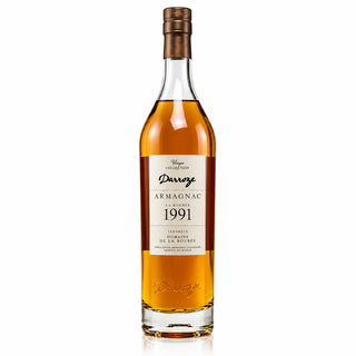 Bottle of Armagnac Darroze 1991 with packaging on a white background
