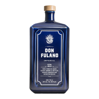 Don Fulano Imperial Extra-Añejo Tequila 700ml is a blue glass bottle with silver agave logo and white text, offering rich agave character, caramel and vanilla notes. Estate-grown, 100% puro de agave, bottled in Mexico at 40% ABV.