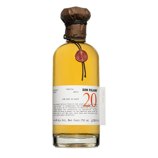 A bottle of Don Fulano 20th Aniversario Sherry Cask Anejo Tequila 700ml features a brown wax seal and red “20” label, with clear glass revealing golden tequila known for its rich roasted agave and vanilla notes.