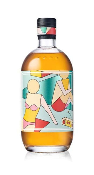 Bottle with a colorful label featuring abstract human figures on a white background