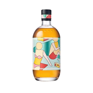 Bottle of Four Pillars Christmas Gin 2018 with a colorful label featuring abstract figures on a white background