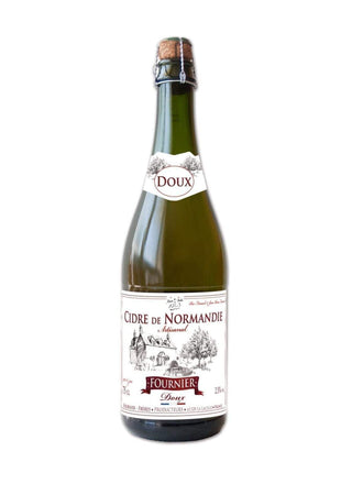 Bottle of Fournier cider with a white label on a white background