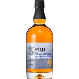 Fuji Single Blended Japanese Whisky comes in a clear glass bottle with a black cap and silver label displaying Japanese and English text, featuring amber liquid and notes of fruity whiskey, apricot, and orange liqueur.