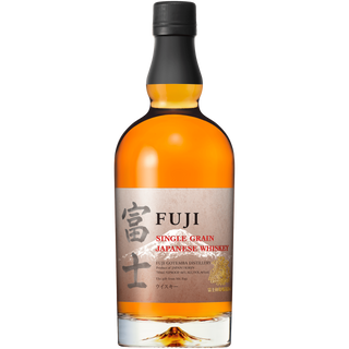 Fuji Single Grain Japanese Whisky features a black cap, amber liquid, and a beige label with Japanese characters and red English text, delivering aromatic notes of orange marmalade.