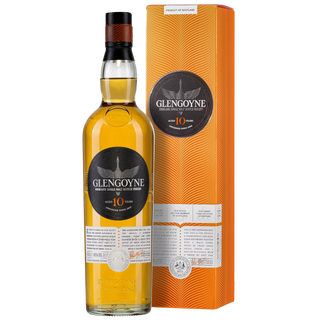A bottle of Glengoyne 10 Year Old Single Malt Scotch Whisky stands before its orange and gold box, displaying the Glengoyne logo and details—a great choice for fans of smooth single malts.