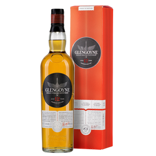 A bottle of Glengoyne 12 Year Old Single Malt Scotch Whisky stands beside its red-and-white box, both displaying the brand’s distinctive label, inviting you to enjoy creamy malt flavors and a hint of sherry sweetness.
