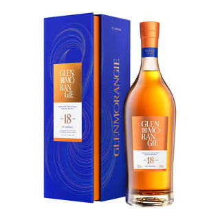 Glenmorangie 18-year-old whisky bottle and box on a white background