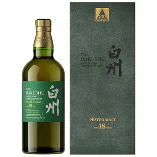 Suntory Hakushu 18-year-old peated malt whisky bottle and packaging on a white background