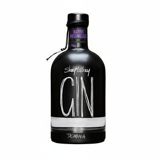 Black gin bottle with white text on a white background