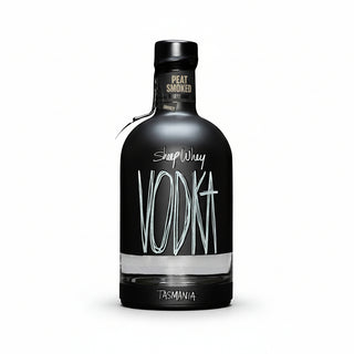 Black bottle of SheepWhey Vodka with white text on a white background