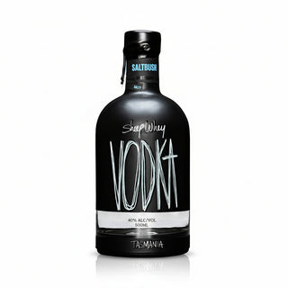 Black bottle of Saltbush Vodka on a white background