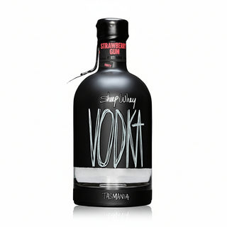 Black bottle of SheepWhey Strawberry Gom Vodka with white text on a white background
