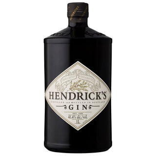 Black bottle of Hendrick's Gin with a white label on a white background