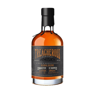 A 500ml bottle of Highwayman Treacherous Radicals Single Malt Australian Whisky with a dark label, bold gold and white text, decorative details, and black wax seal. Rich amber color with subtle mocha and roasted mixed nut notes.