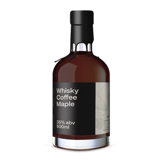 A dark brown glass bottle of Highwayman x Bayleaf Whisky Coffee Maple Single Malt Australian Whisky, 35% abv, 500ml, with a black cap and minimalist black-and-white label—notes of burnt coffee and dark chocolate.