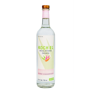 A clear glass bottle of Koch El Mezcal Artesanal-Maguey Tobala 700ml from Oaxaca, with a pink and green label and cork top, contains mezcal celebrated for sweet agave notes and a gentle herbal character.