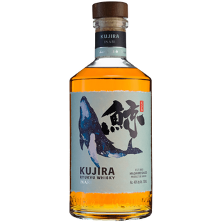 A bottle of Kujira Ryukyu Inari Japanese Whisky with amber liquid, a blue whale label and Japanese characters. At 46% ABV, it offers notes of oak and tropical fruits. The cap is sealed with an Inari-labeled strip.