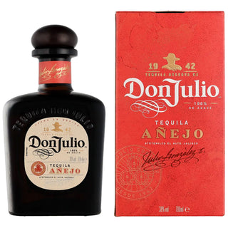 A 700ml bottle of Don Julio Anejo Tequila with a beige label stands beside its red box, both featuring "Anejo" and "1942." This premium tequila offers rich agave and caramel notes, with gold accents and the iconic Don Julio logo.